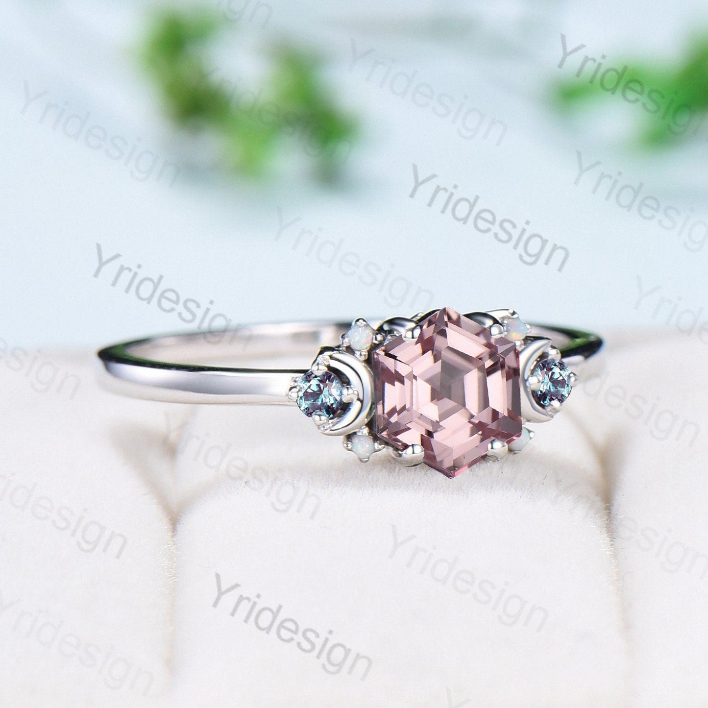 Vintage Moon Pink Sapphire Ring Unique Nature Inspired Hexagon Sapphire Engagement Ring Alternative Alexandrite Opal Wedding Ring For Women