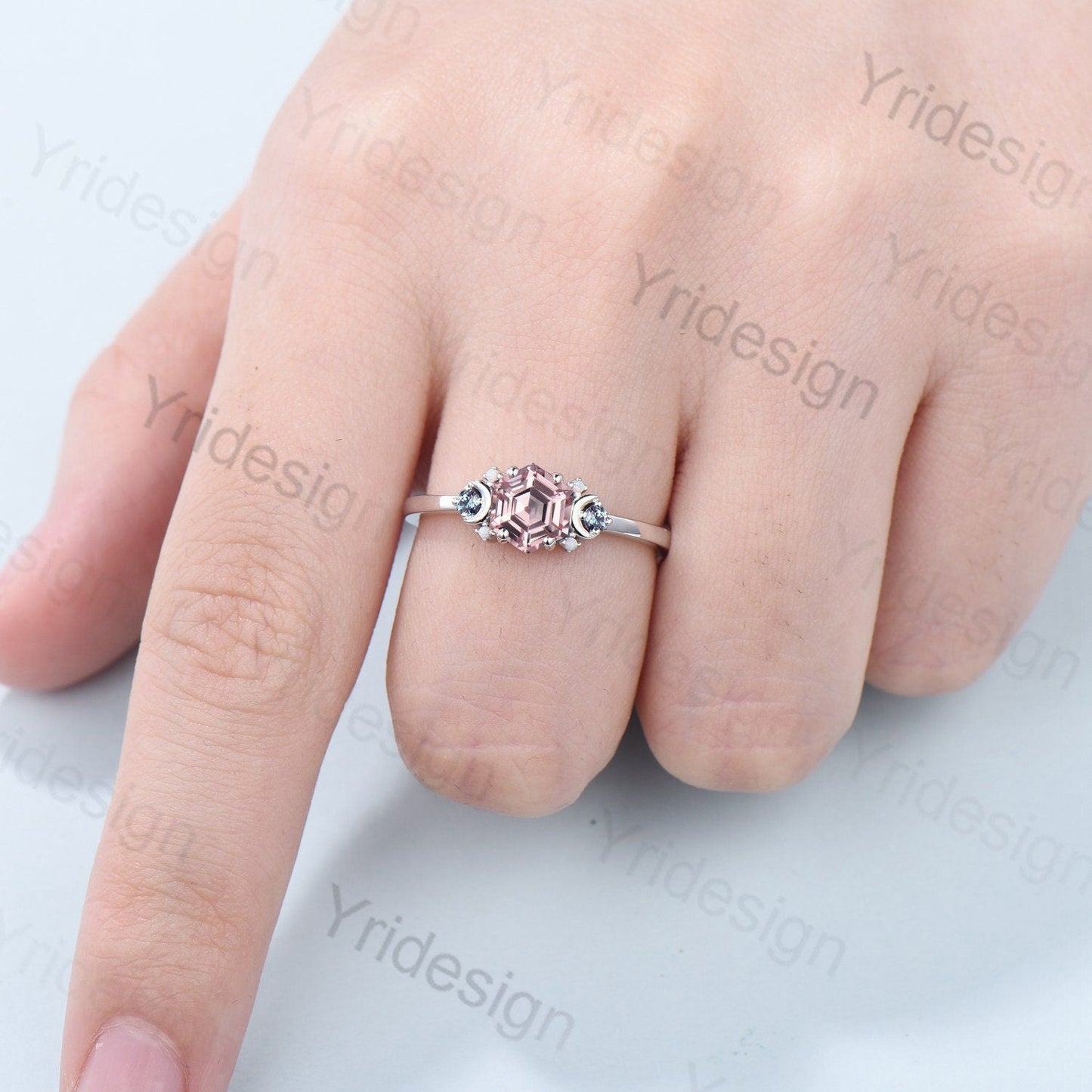 Vintage Moon Pink Sapphire Ring Unique Nature Inspired Hexagon Sapphire Engagement Ring Alternative Alexandrite Opal Wedding Ring For Women