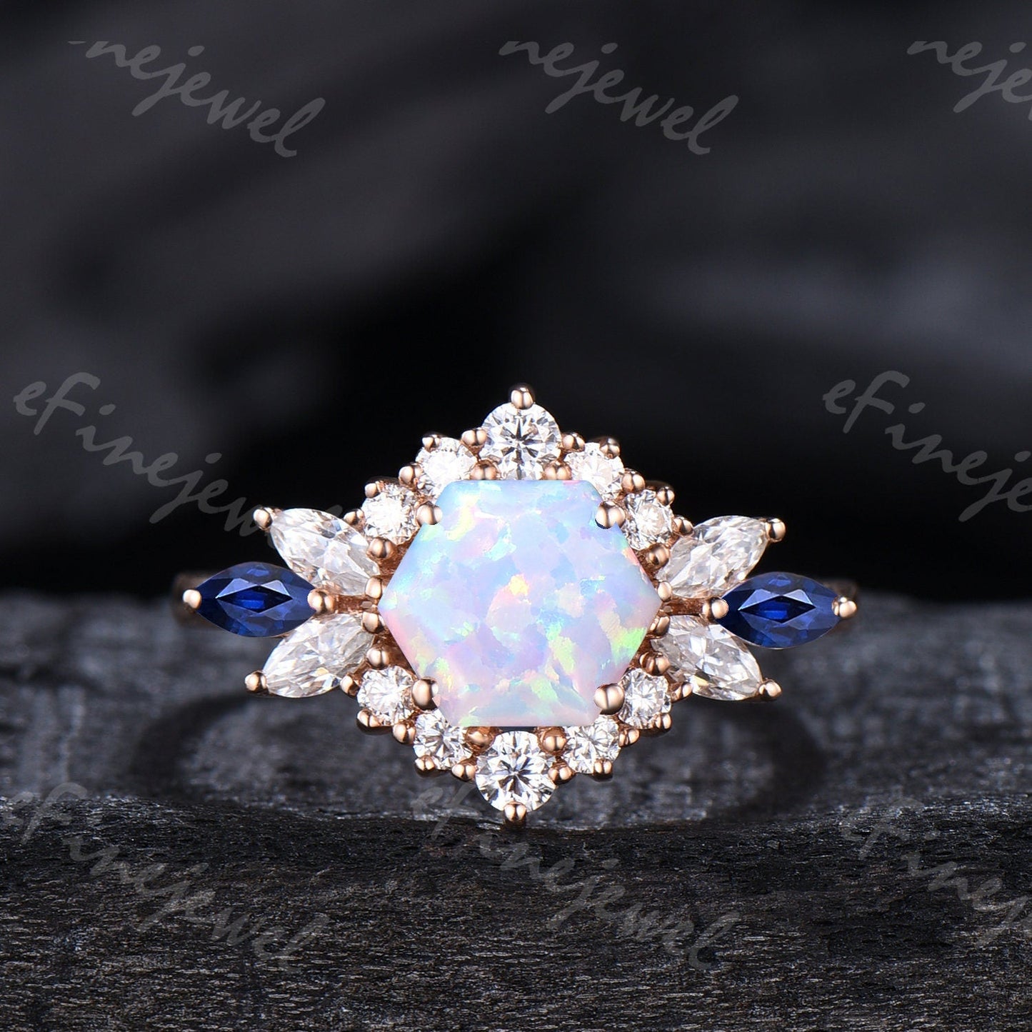Vintage Hexagon Opal Engagement Ring Set, Sapphire & Moissanite Halo