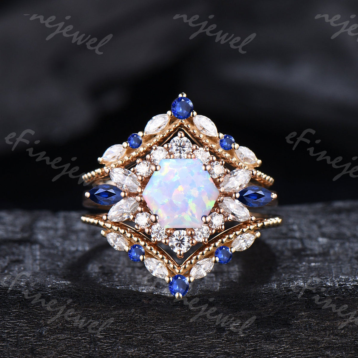 Vintage Hexagon Opal Engagement Ring Set, Sapphire & Moissanite Halo