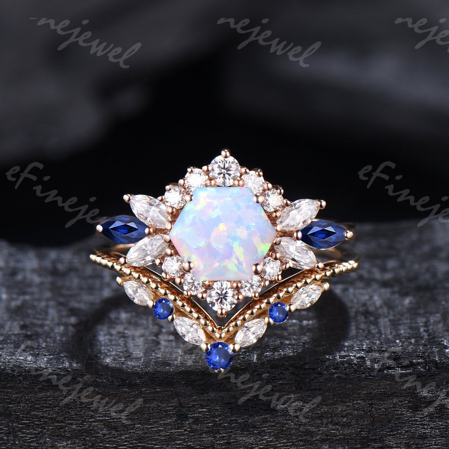 Vintage Hexagon Opal Engagement Ring Set, Sapphire & Moissanite Halo