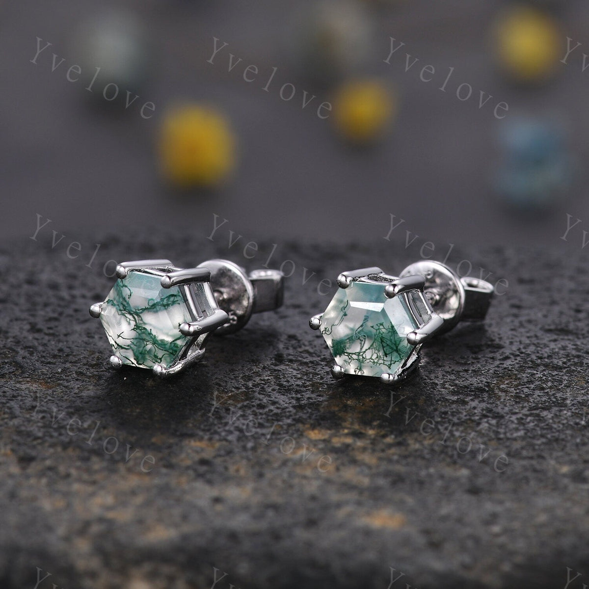 Dainty Hexagaon Moss agate earrings natural gemstone jewelry unique earrings studs art deco earring anniversary gift for her Birthday Gift