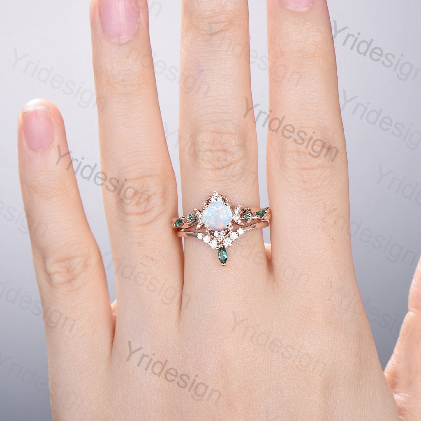 Vintage White Opal Engagement Ring Set Unique Leaves Nature Inspired Emerald Wedding Ring Set Art Deco Green Crystal Moissanite Bridal Set