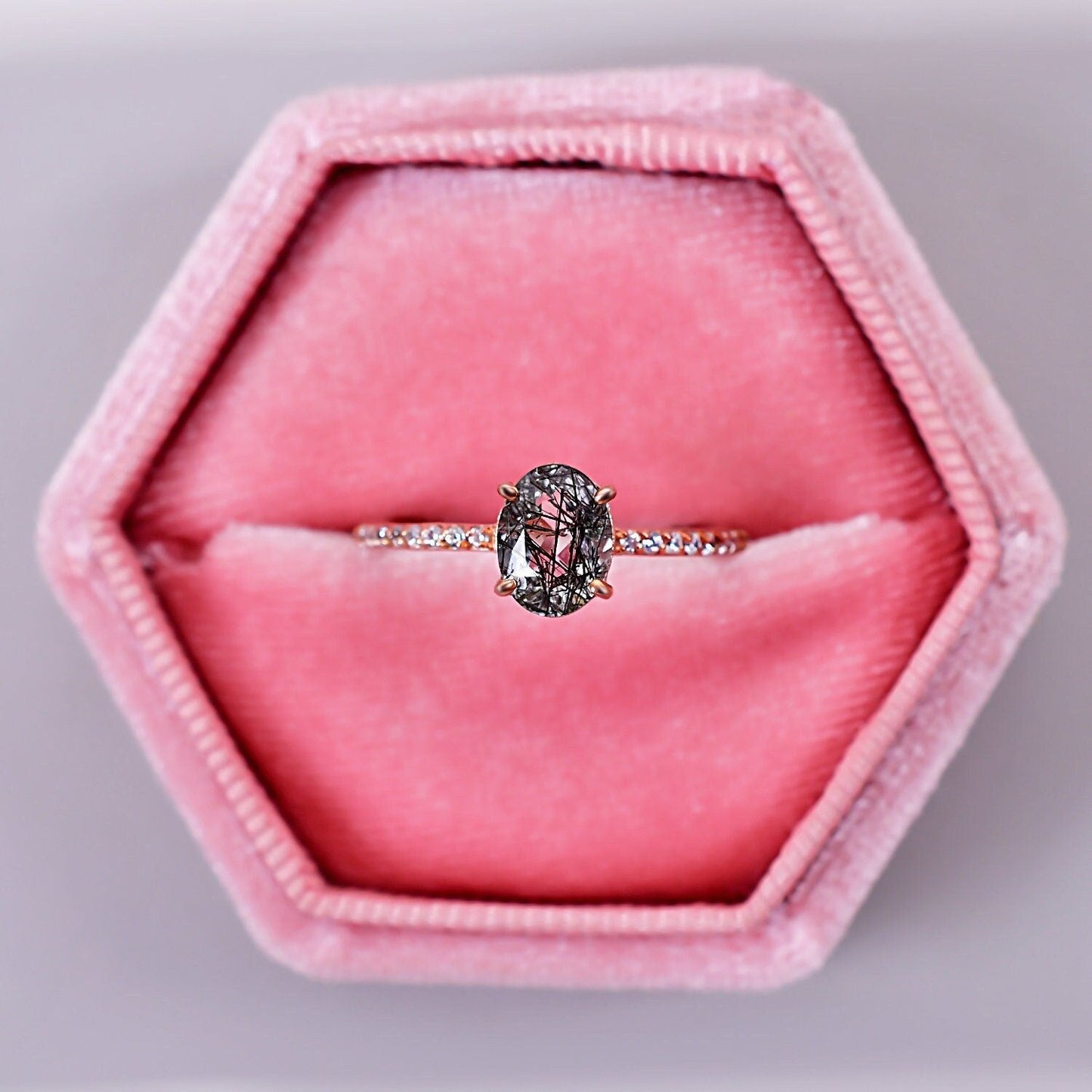 Unique Oval Cut Black Rutilated Quartz Engagement Ring