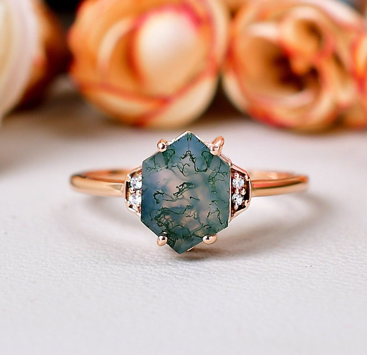 Stunning Hexagon Cut Moss Agate Engagement Ring