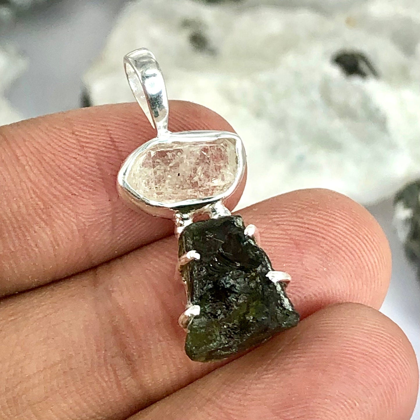 Genuine Moldavite Rough Herkimer Diamond Pendant Natural Gemstone From Czech Republic 925 Sterling Silver Handmade Designer Jewelry