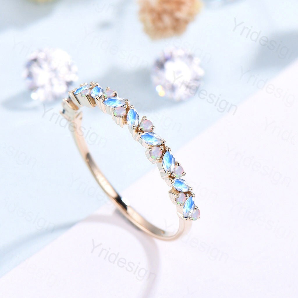Vintage Marquise Moonstone Opal Wedding Band, 14k Yellow Gold Stacking Ring