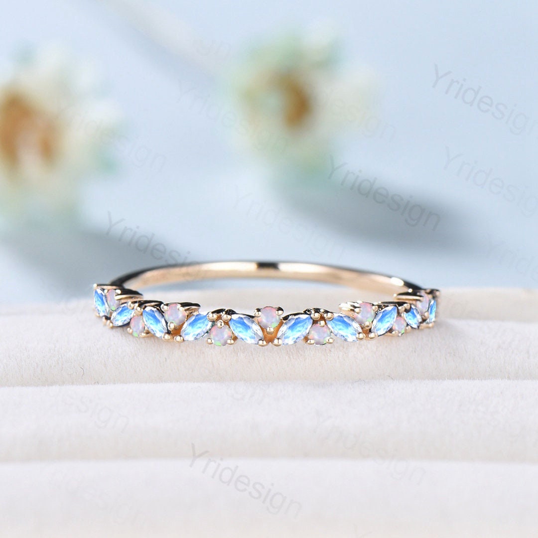 Vintage Marquise Moonstone Opal Wedding Band, 14k Yellow Gold Stacking Ring