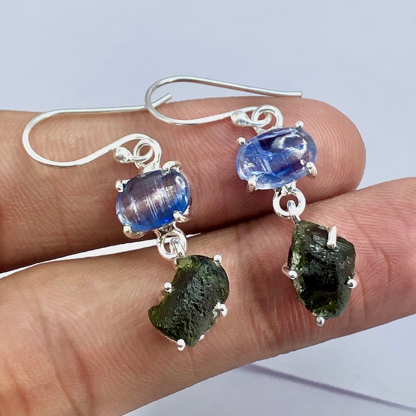 Natural Moldavite Rough Blue Kyanite oval Earrings Gemstone From Czech Republic 925 Solid Sterling Silver Handmade Designer Jewelry