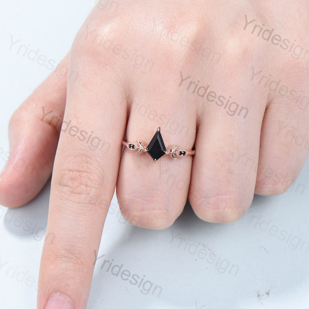 Minimalist Black Gold Black Onyx Engagement Ring Kite Cut Moon Wedding Ring Art Deco Milgrain Black Gemstone Anniversary Gift For Women