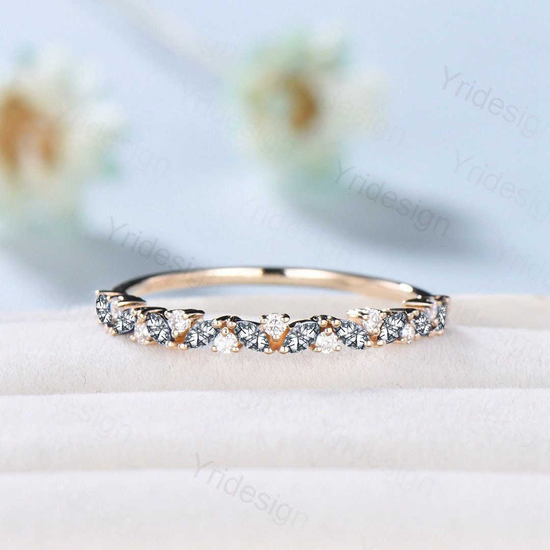 Vintage Black Rutilated Quartz Wedding Band Marquise cut yellow gold wedding ring Unique Stacking matching ring Bridal ring Anniversary gift