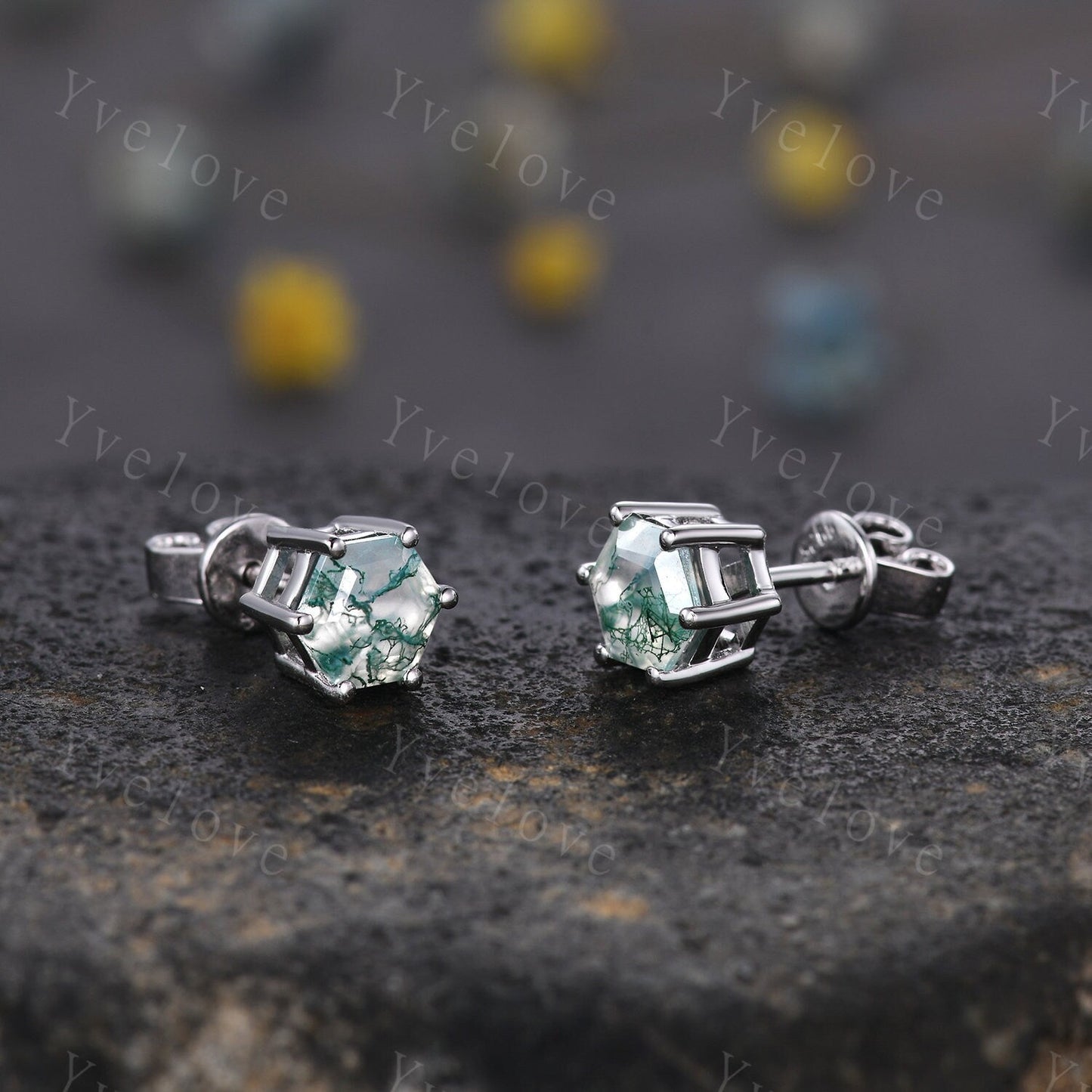 Dainty Hexagaon Moss agate earrings natural gemstone jewelry unique earrings studs art deco earring anniversary gift for her Birthday Gift