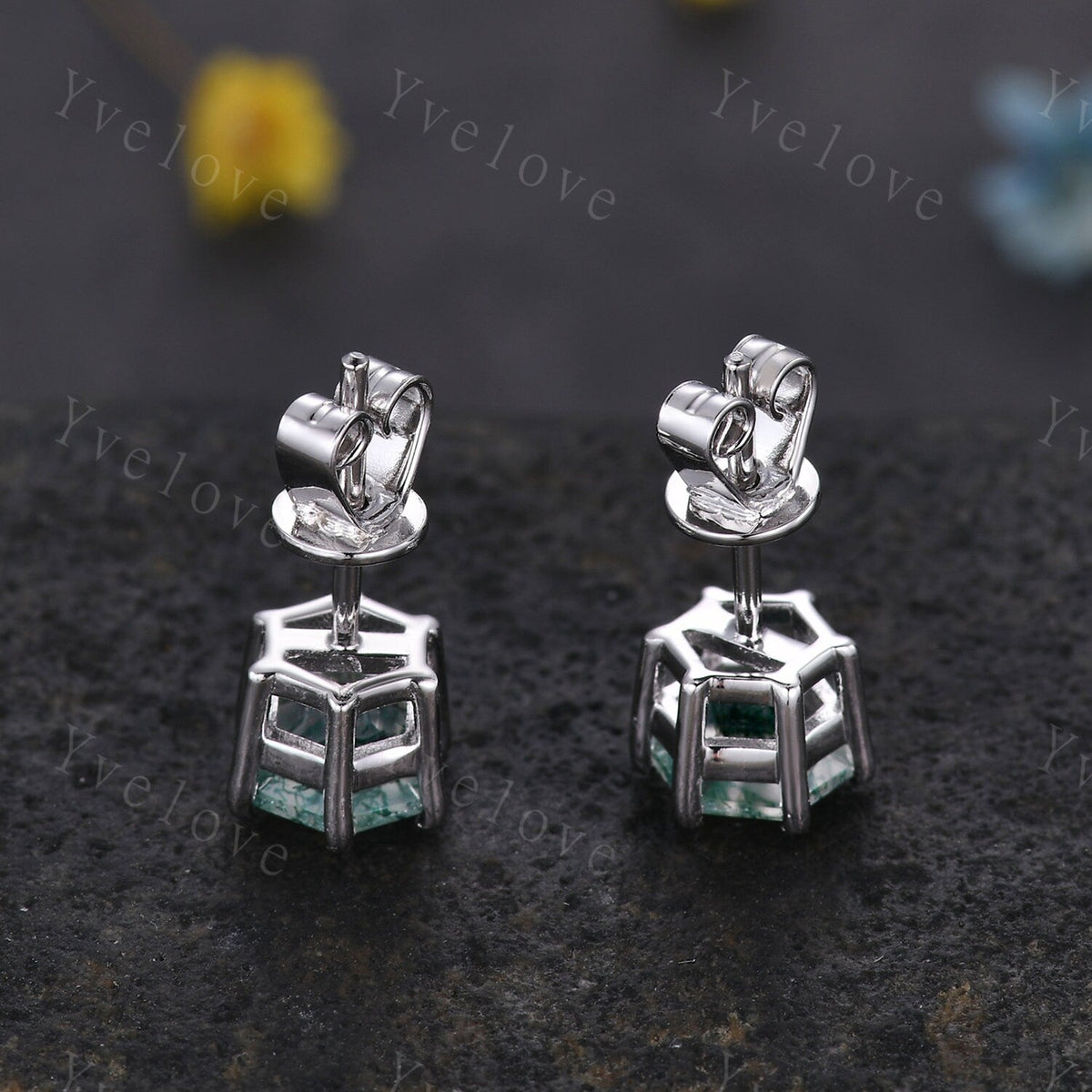 Dainty Hexagaon Moss agate earrings natural gemstone jewelry unique earrings studs art deco earring anniversary gift for her Birthday Gift