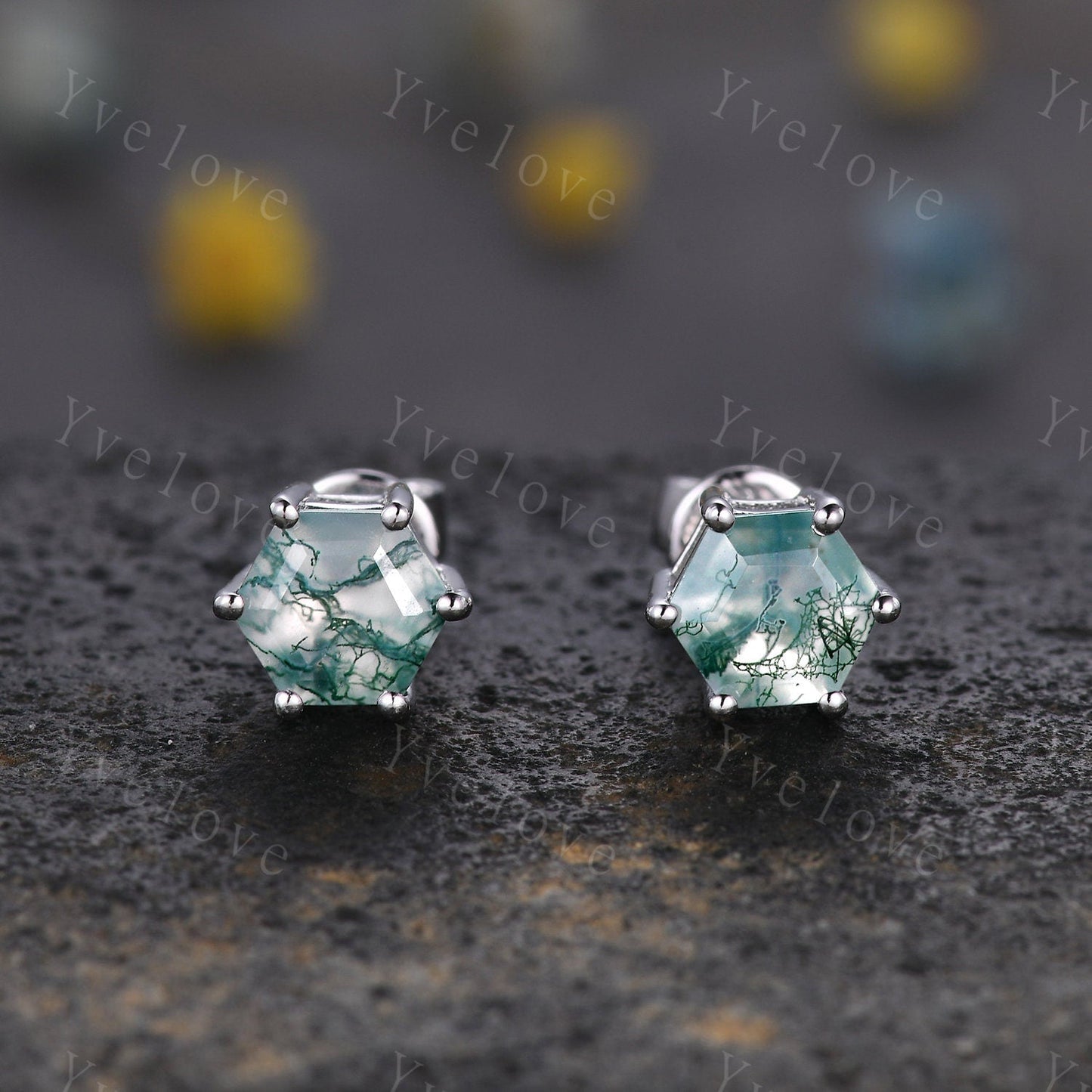 Dainty Hexagaon Moss agate earrings natural gemstone jewelry unique earrings studs art deco earring anniversary gift for her Birthday Gift