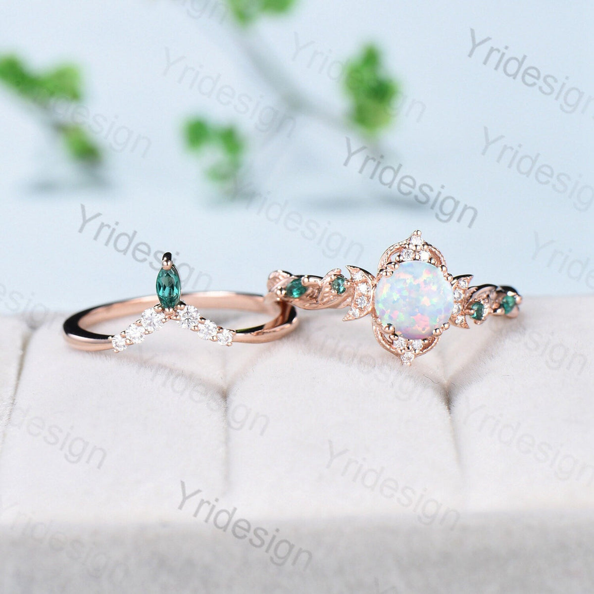 Vintage White Opal Engagement Ring Set Unique Leaves Nature Inspired Emerald Wedding Ring Set Art Deco Green Crystal Moissanite Bridal Set