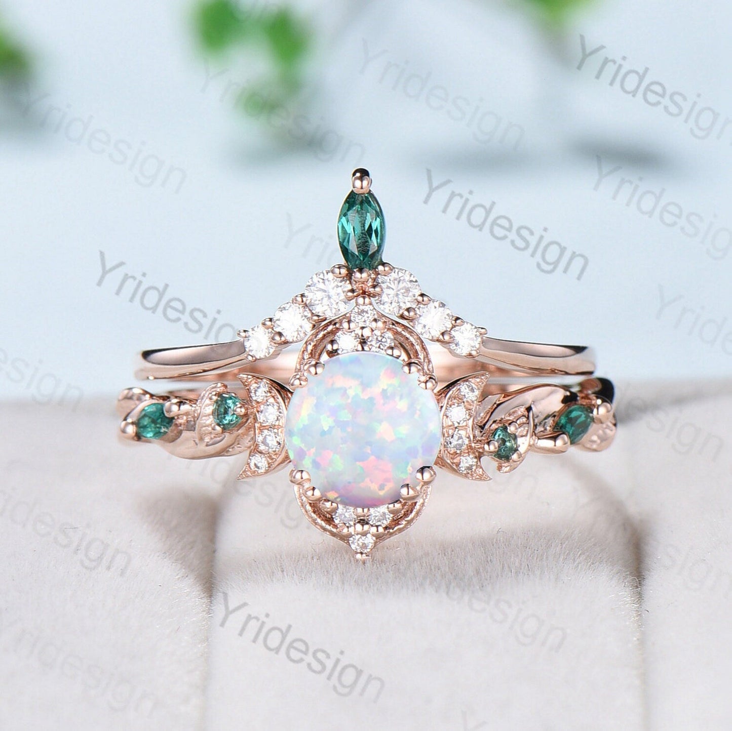Vintage White Opal Engagement Ring Set Unique Leaves Nature Inspired Emerald Wedding Ring Set Art Deco Green Crystal Moissanite Bridal Set