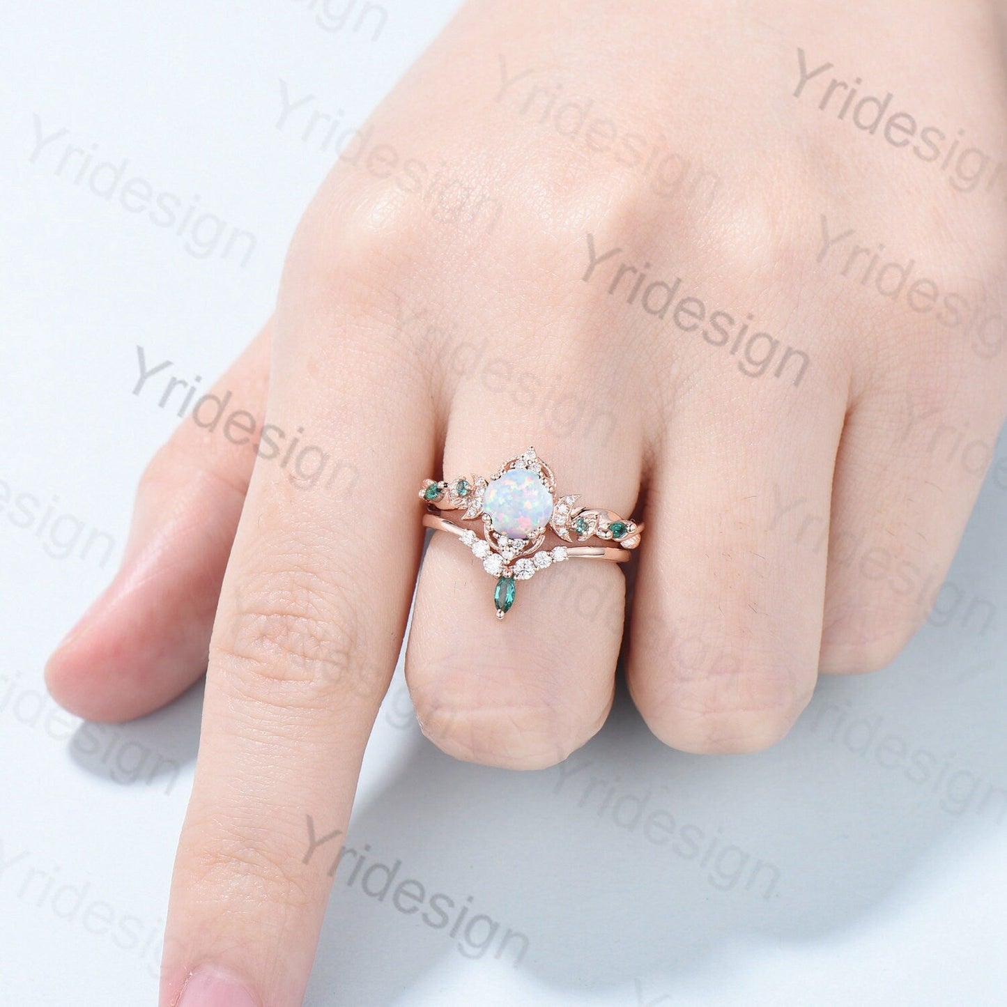 Vintage White Opal Engagement Ring Set Unique Leaves Nature Inspired Emerald Wedding Ring Set Art Deco Green Crystal Moissanite Bridal Set