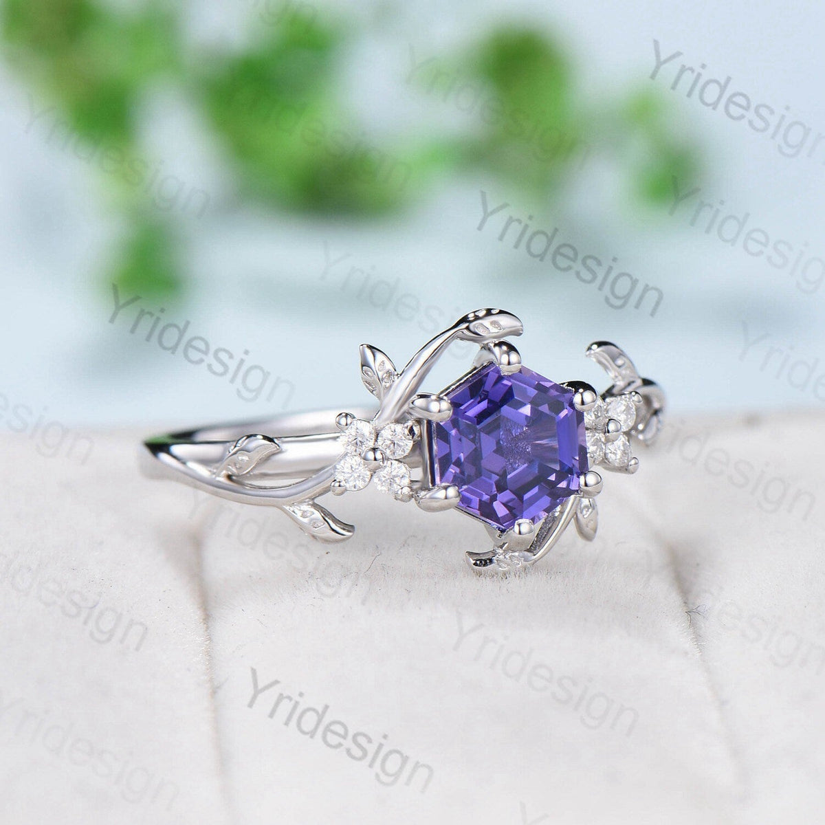 Hexagon Cut Lab Purple Sapphire Ring - Nature Inspired Leaf Vine Band