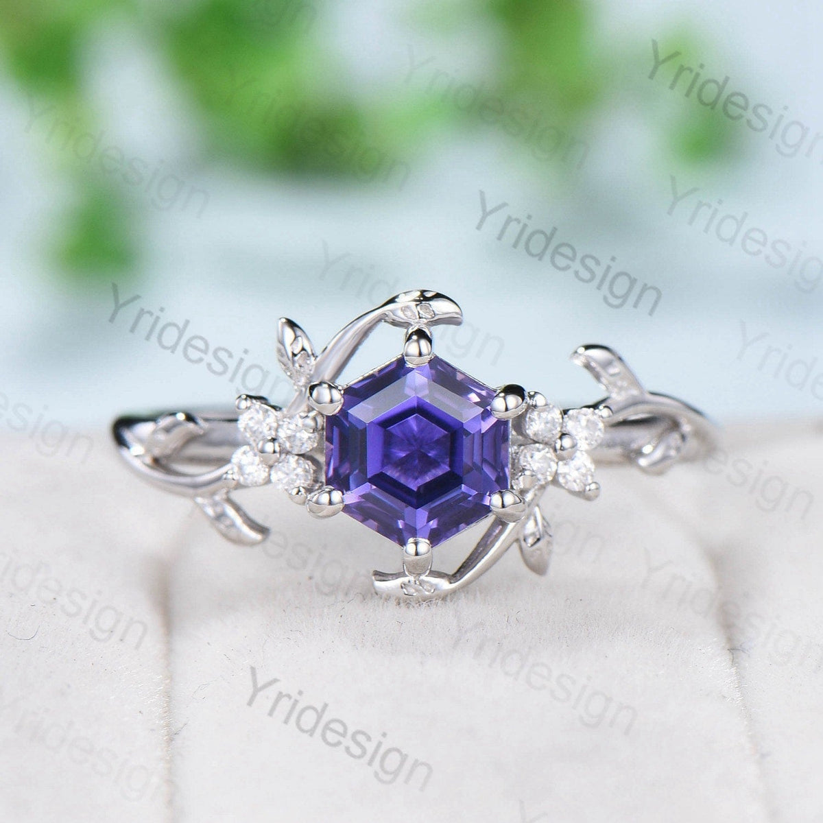 Hexagon Cut Lab Purple Sapphire Ring - Nature Inspired Leaf Vine Band