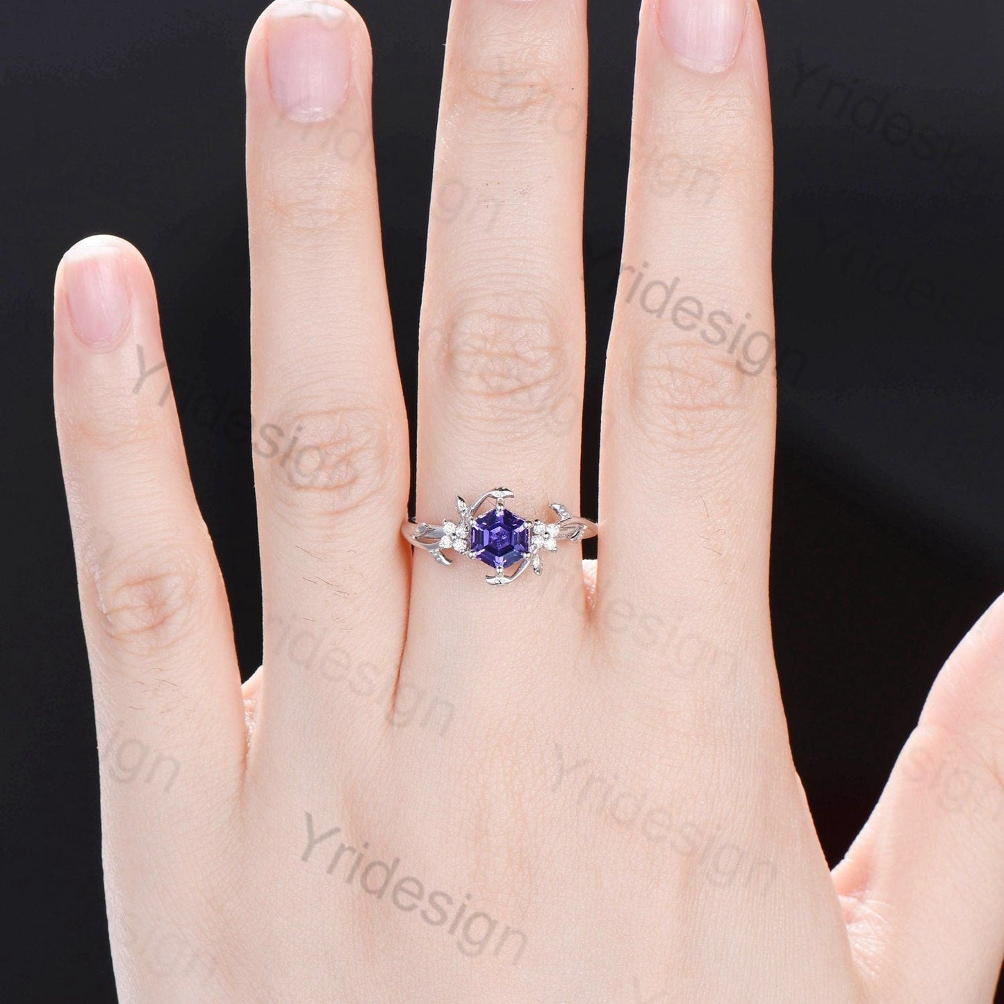 Hexagon Cut Lab Purple Sapphire Ring - Nature Inspired Leaf Vine Band