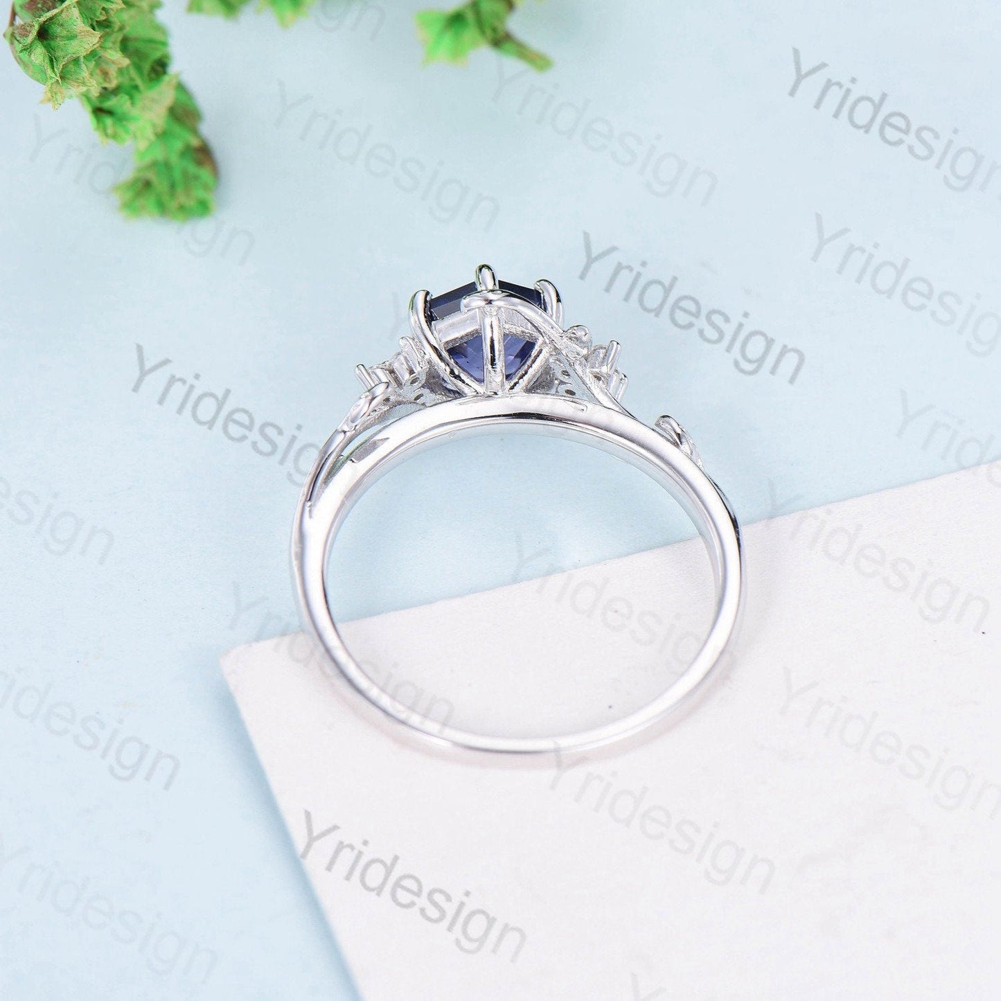 Hexagon Cut Lab Purple Sapphire Ring - Nature Inspired Leaf Vine Band