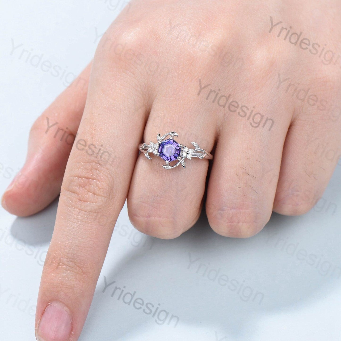 Hexagon Cut Lab Purple Sapphire Ring - Nature Inspired Leaf Vine Band