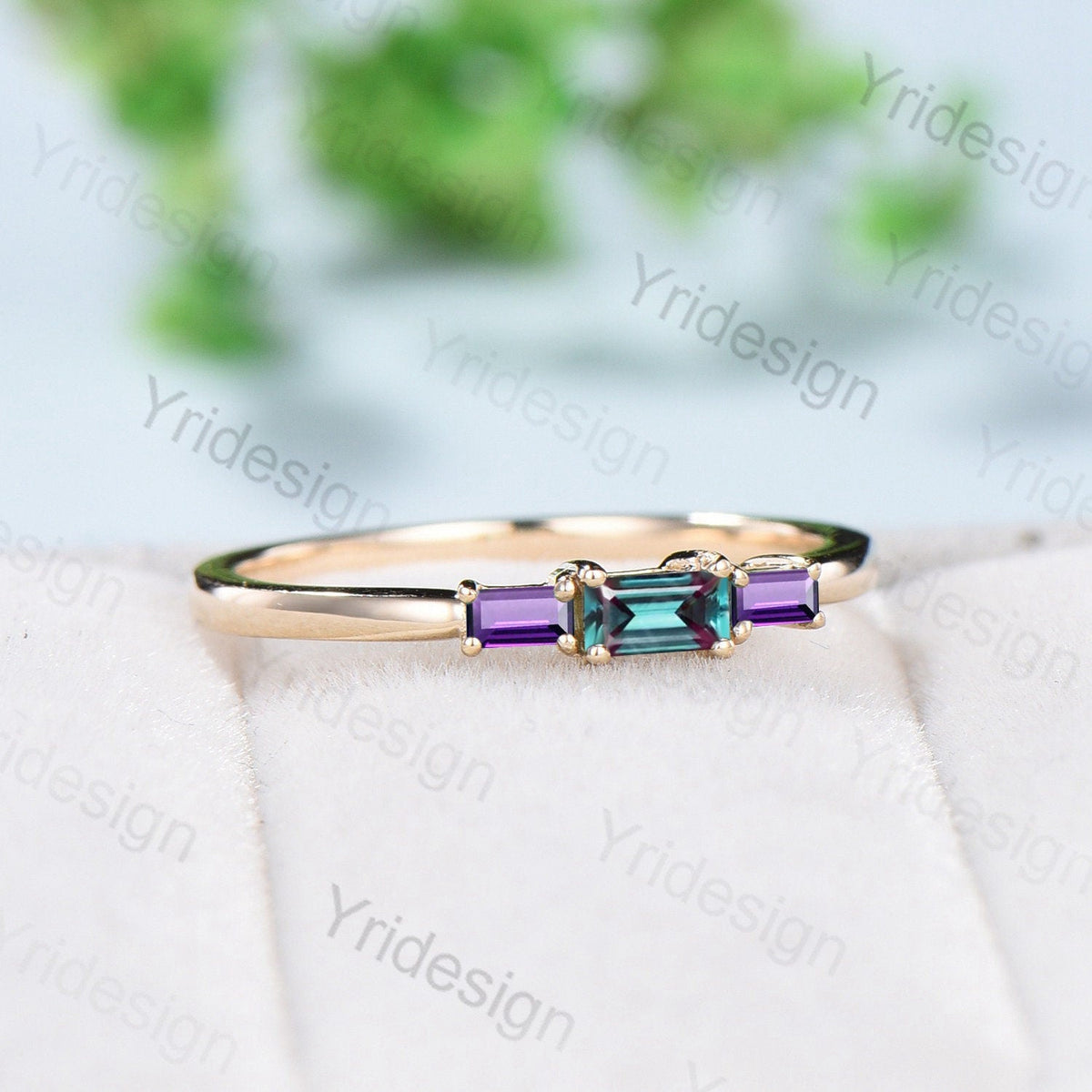 Baguette Alexandrite Amethyst Ring, Three Stone Stacking Band