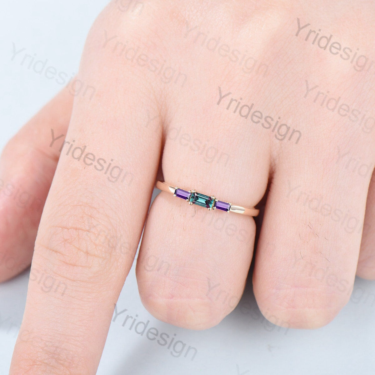 Baguette Alexandrite Amethyst Ring, Three Stone Stacking Band