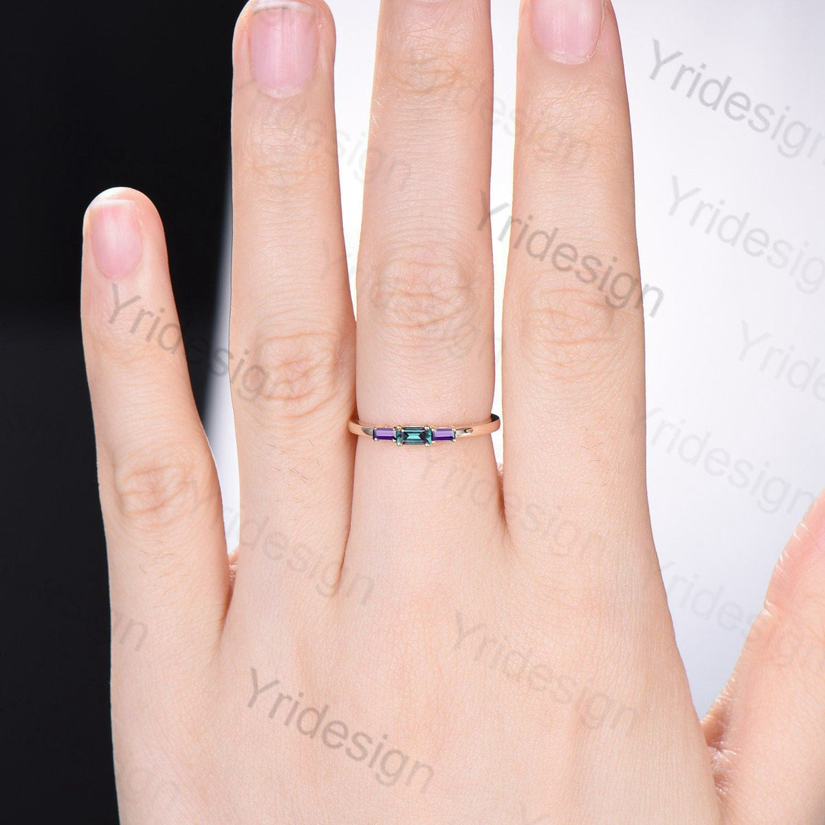 Baguette Alexandrite Amethyst Ring, Three Stone Stacking Band
