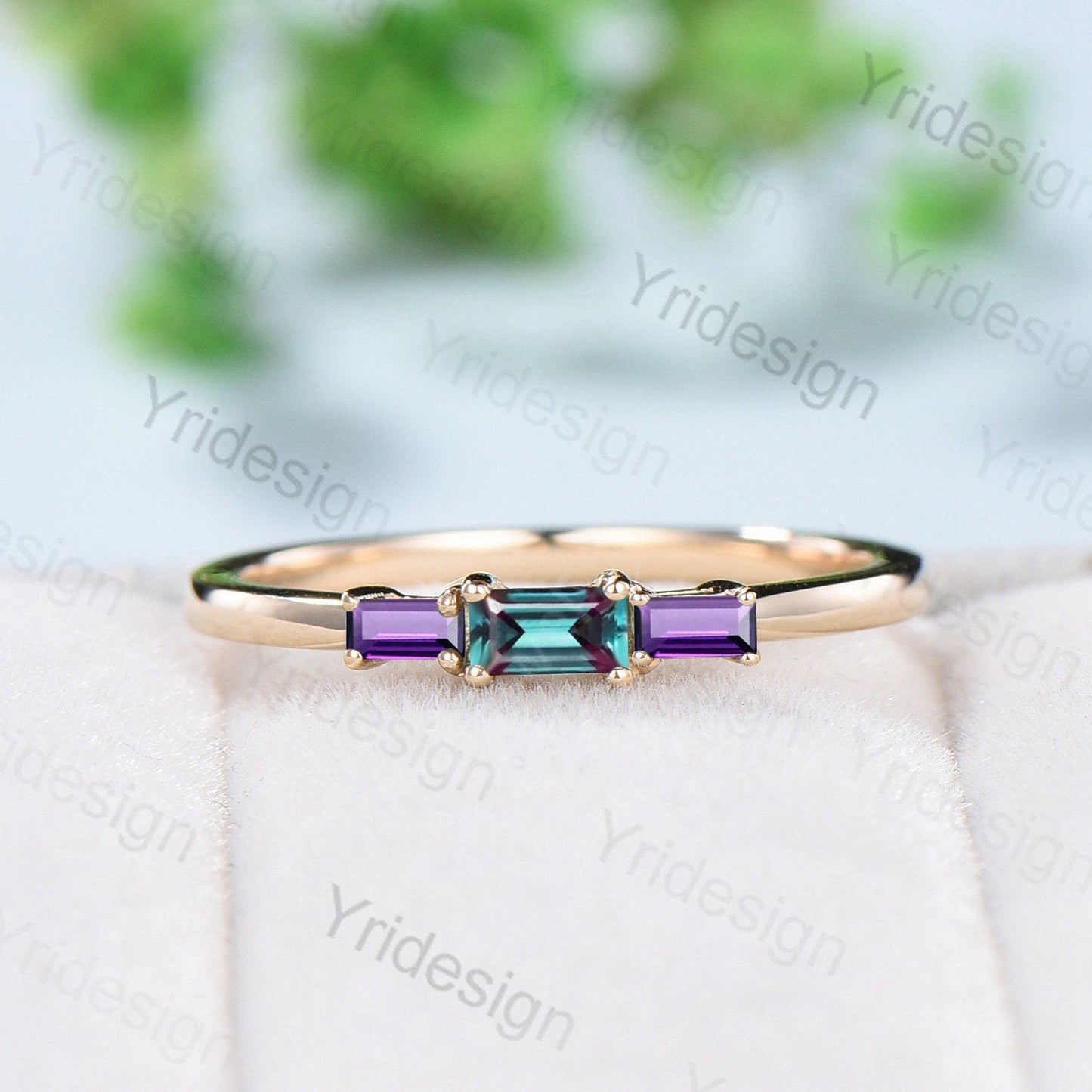 Baguette Alexandrite Amethyst Ring, Three Stone Stacking Band