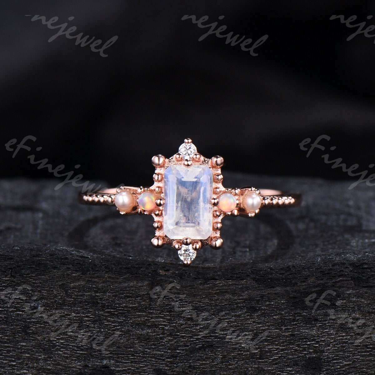 Emerald Cut Moonstone Ring, Opal Pearl, Art Deco Fine Jewelry