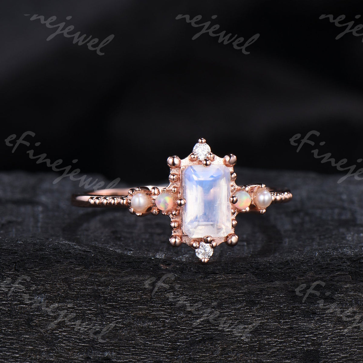 Emerald Cut Moonstone Ring, Opal Pearl, Art Deco Fine Jewelry
