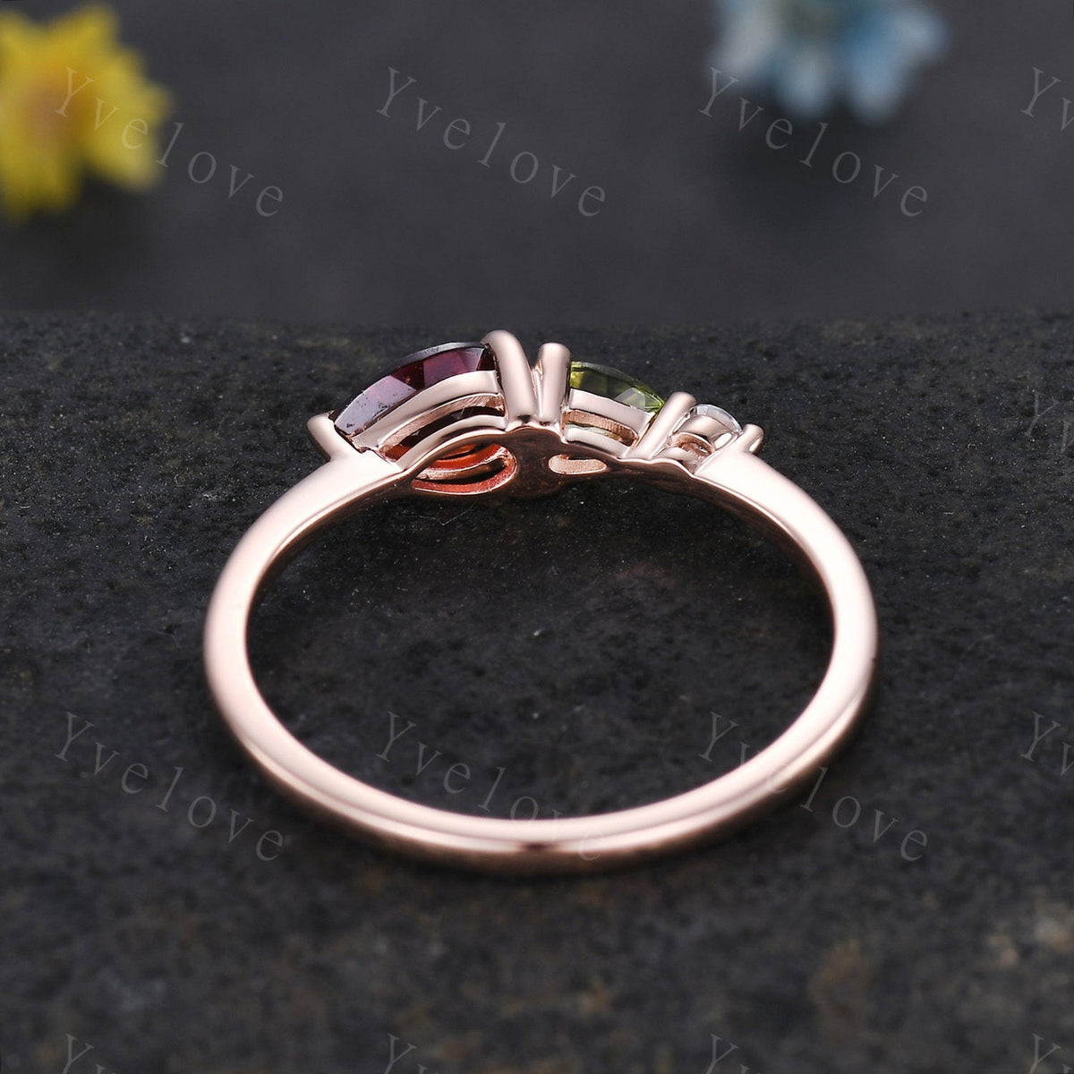 Vintage Red Garnet Peridot Engagement Ring,Pear Cut Gems,Art Deco Moissanite Wedding Band,3 Stone Unique Women Bridal Promise Ring,Custom