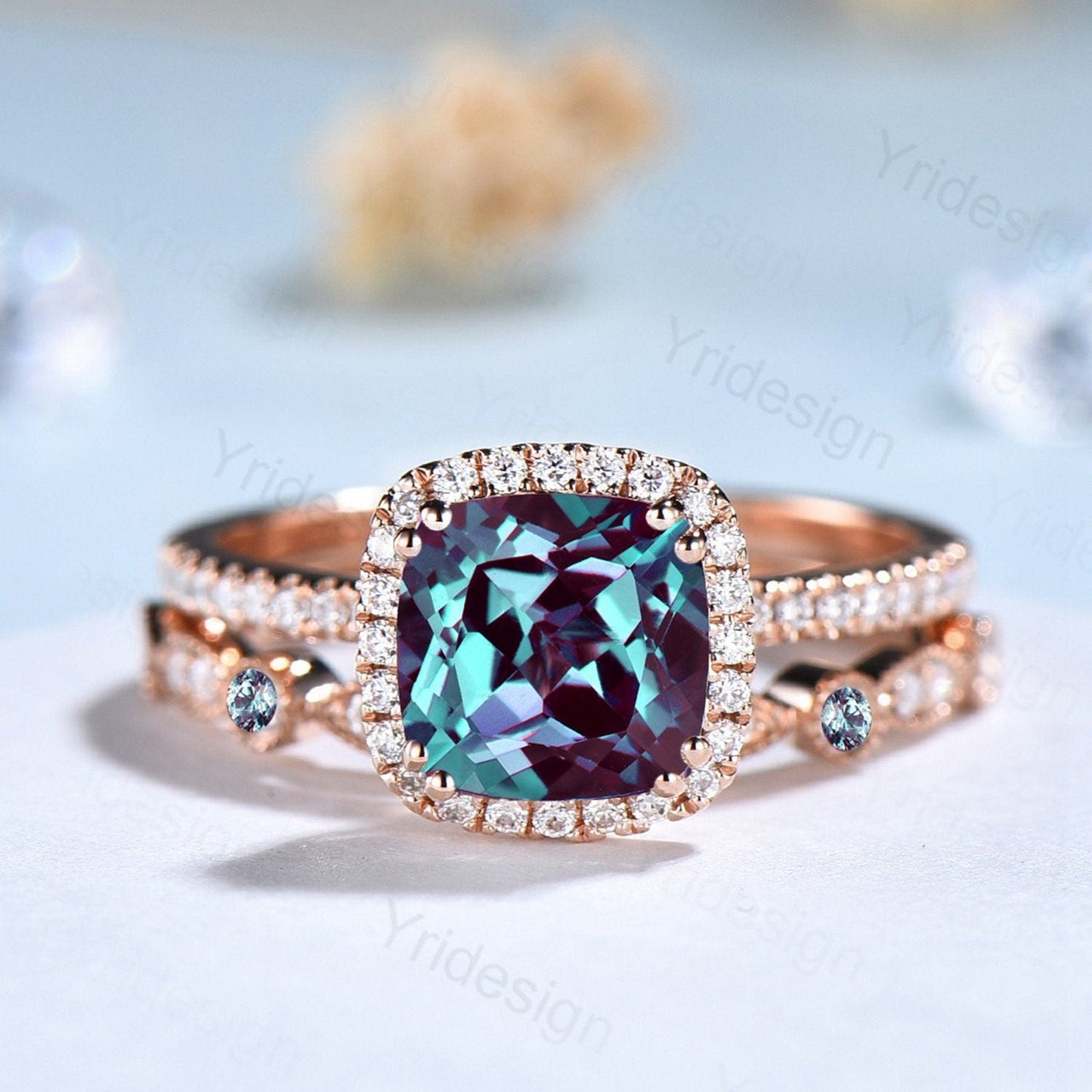 Vintage Cushion alexandrite wedding ring set 14k rose gold vintage alexandrite engagement ring set women Art deco halo diamond bridal set