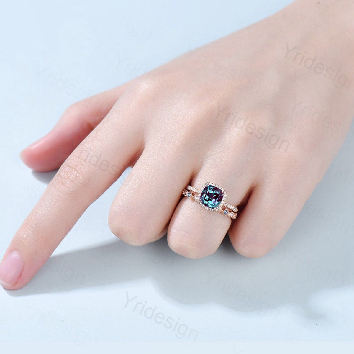 Vintage Cushion alexandrite wedding ring set 14k rose gold vintage alexandrite engagement ring set women Art deco halo diamond bridal set