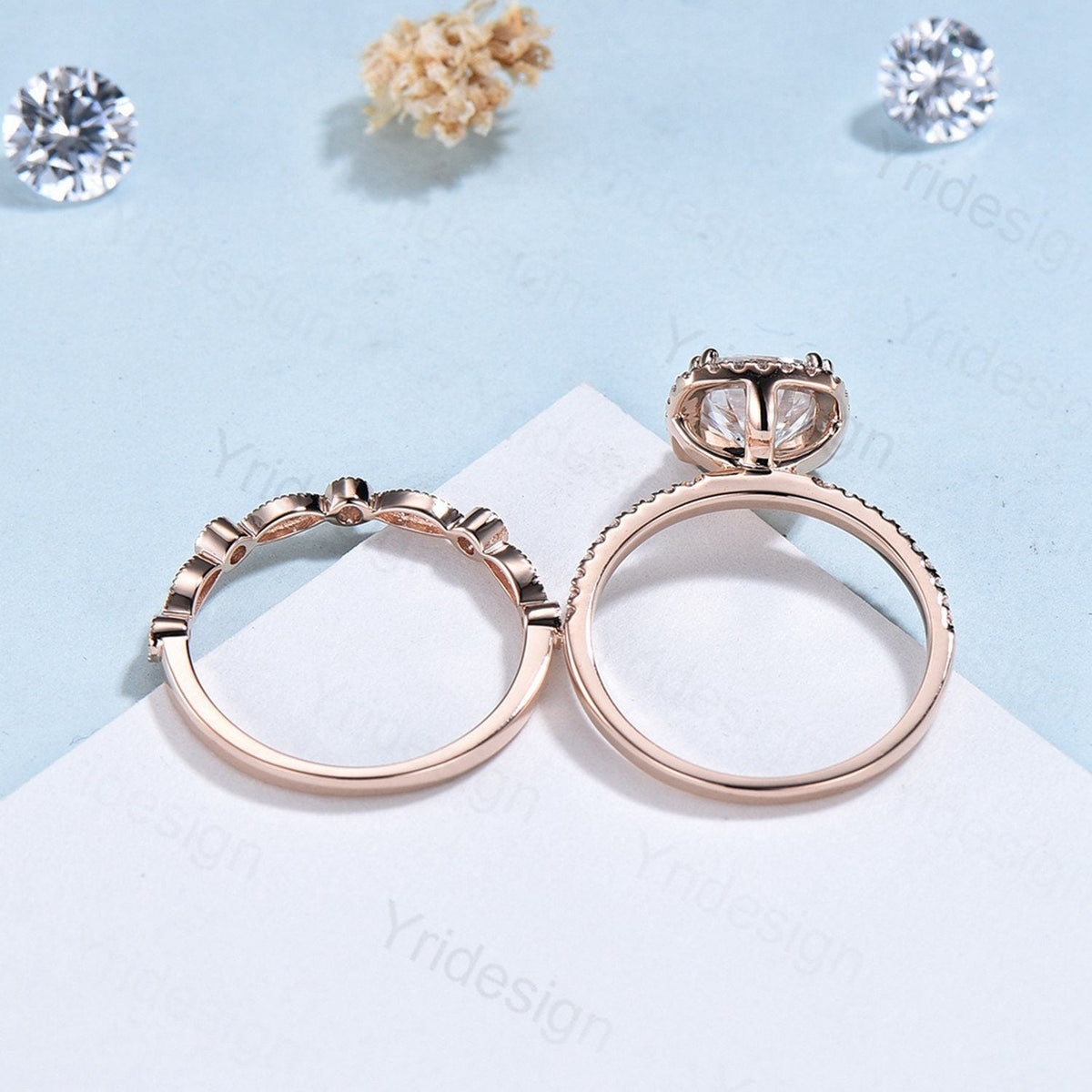 Vintage Cushion alexandrite wedding ring set 14k rose gold vintage alexandrite engagement ring set women Art deco halo diamond bridal set