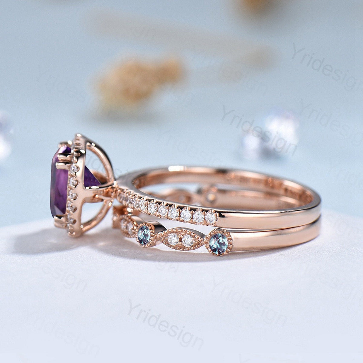 Vintage Cushion alexandrite wedding ring set 14k rose gold vintage alexandrite engagement ring set women Art deco halo diamond bridal set