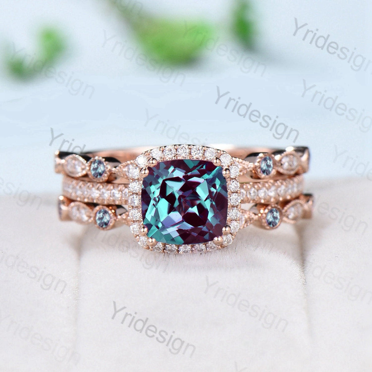 Vintage Cushion alexandrite wedding ring set 14k rose gold vintage alexandrite engagement ring set women Art deco halo diamond bridal set
