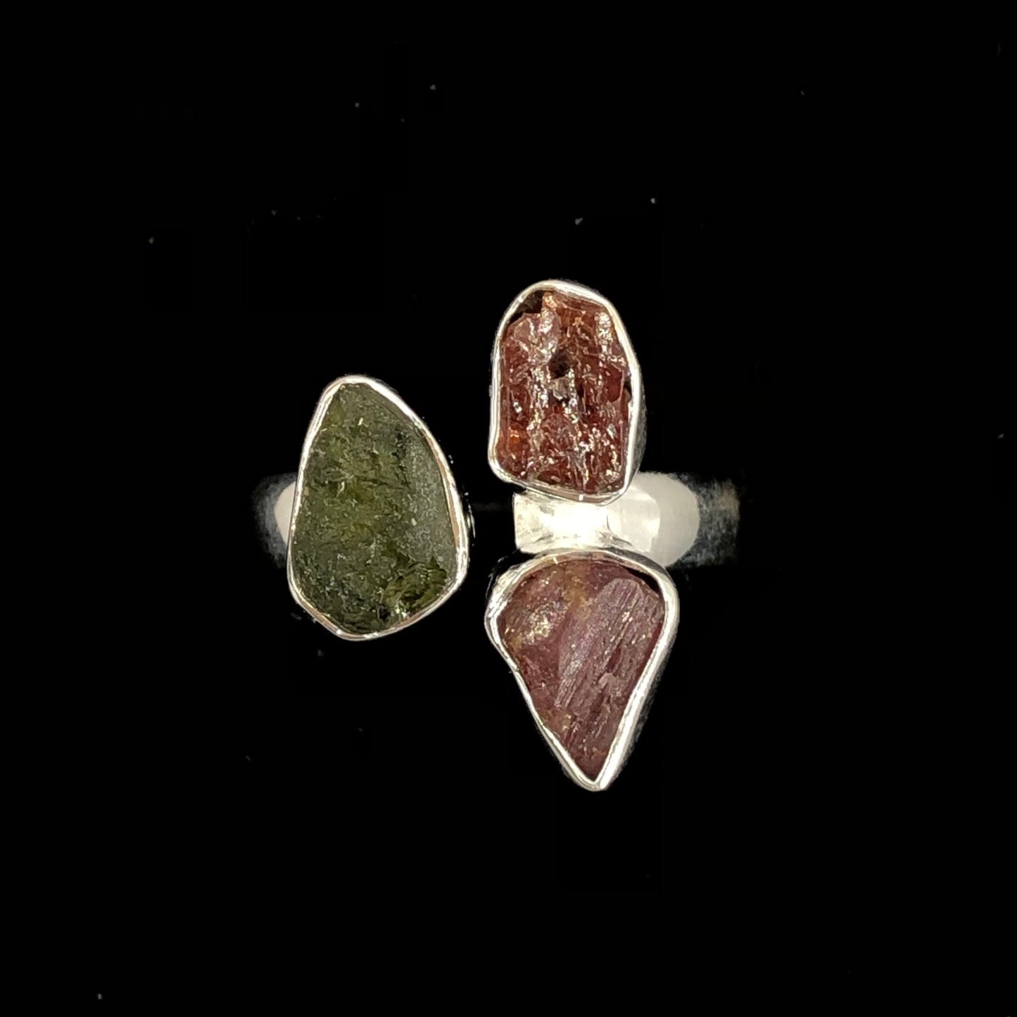 Authentic Czech Republic Moldavite Rough and Pink Tourmaline Gemstone 925 Solid Sterling Silver Handmade Ring Jewelry