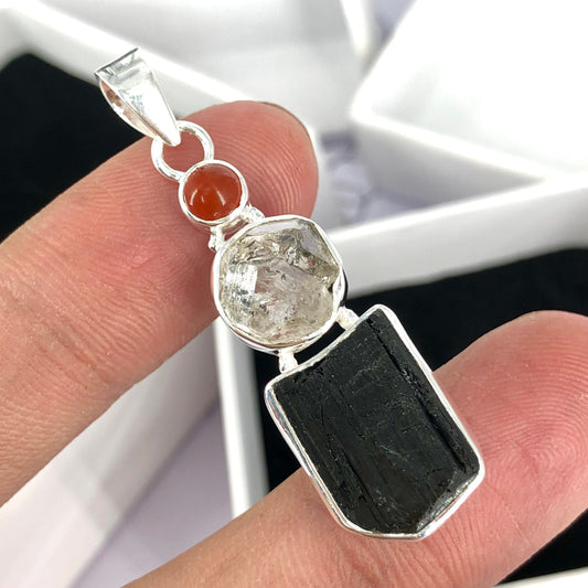 Black Tourmaline, Herkimer Diamond & Carnelian Natural Gemstone 925 Solid Sterling Silver Handmade Jewelry Pendant