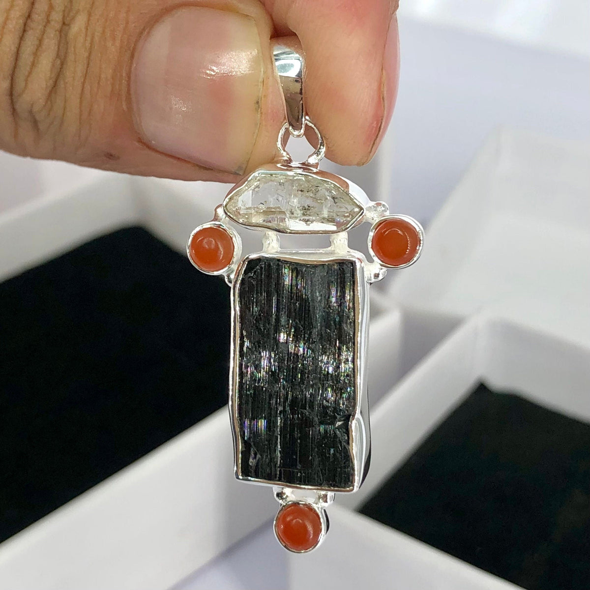 Black Tourmaline, Herkimer Diamond & Carnelian Natural Gemstone 925 Solid Sterling Silver Handmade Jewelry Pendant