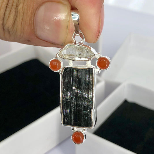 Black Tourmaline, Herkimer Diamond & Carnelian Natural Gemstone 925 Solid Sterling Silver Handmade Jewelry Pendant