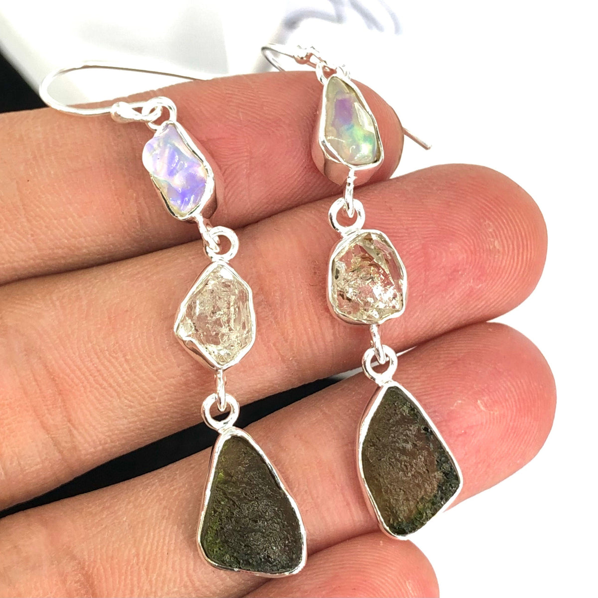 Natural Moldavite Rough & Herkimer Diamond, Opal  Earrings Gemstone From Czech Republic 925 Solid Sterling Silver Handmade Designer Jewelry