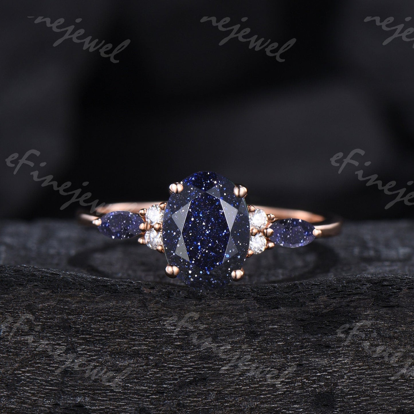 Blue Sandstone Engagement Ring Set, Vintage Marquise, Rose Gold