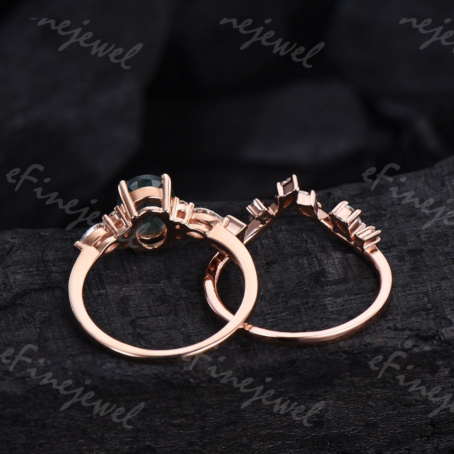 Blue Sandstone Engagement Ring Set, Vintage Marquise, Rose Gold