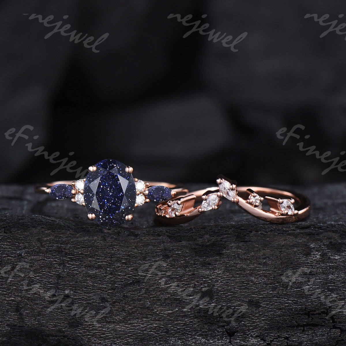 Blue Sandstone Engagement Ring Set, Vintage Marquise, Rose Gold