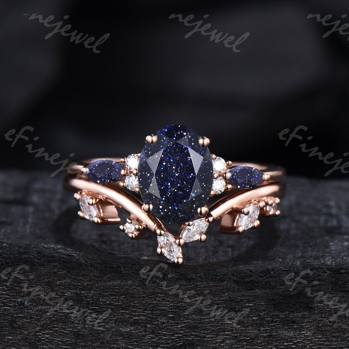Blue Sandstone Engagement Ring Set, Vintage Marquise, Rose Gold
