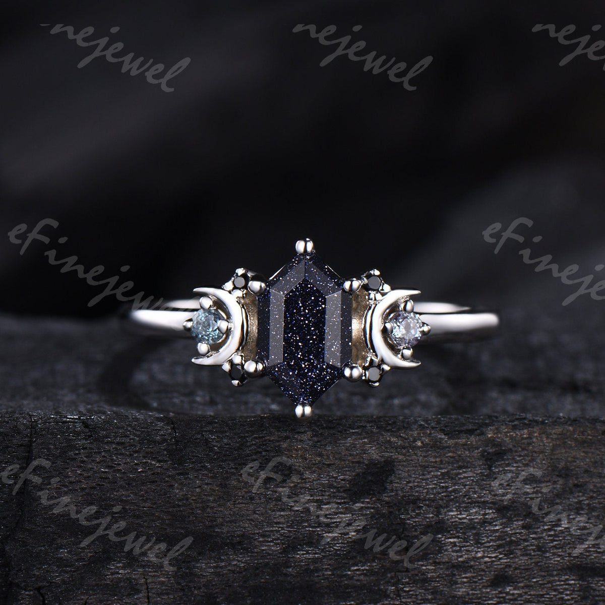 Hexagon Blue Sandstone Ring, Crescent Moon Goldstone, Black Spinel