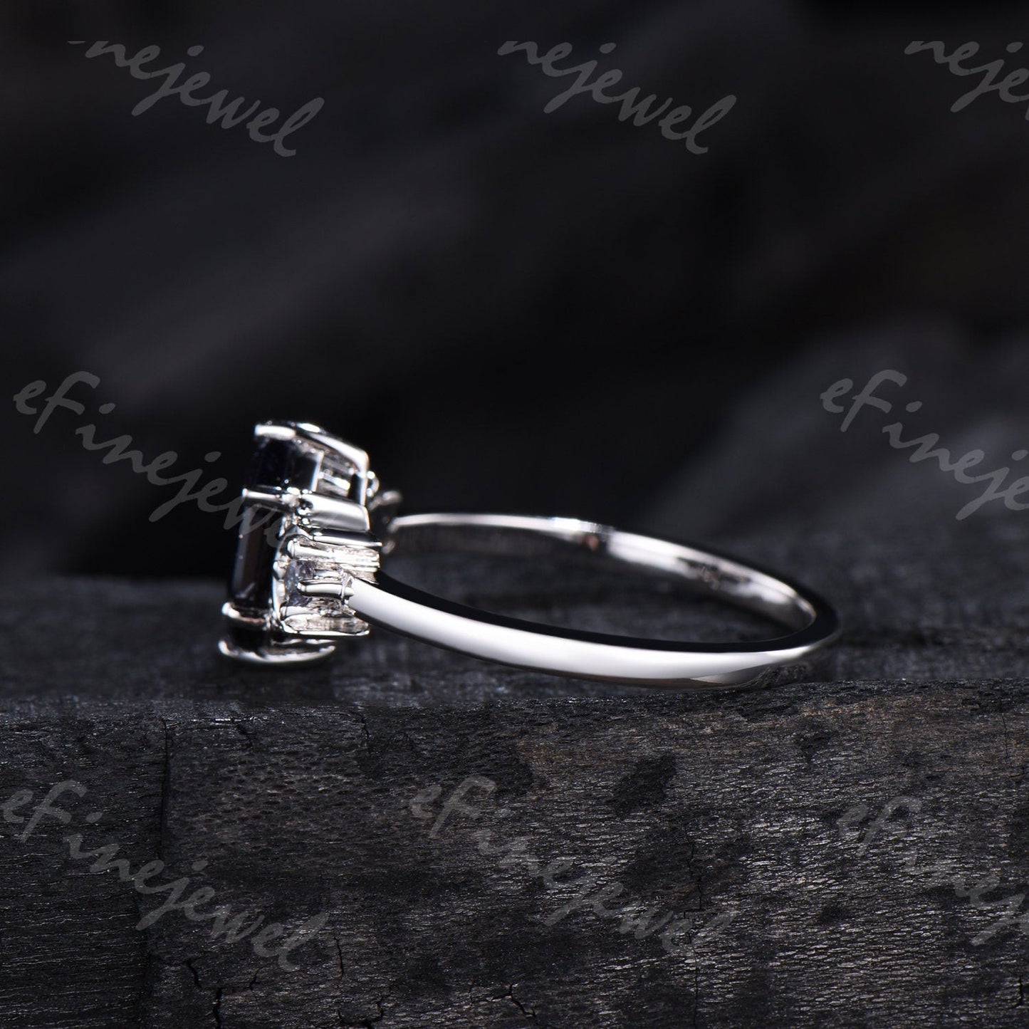 Hexagon Blue Sandstone Ring, Crescent Moon Goldstone, Black Spinel