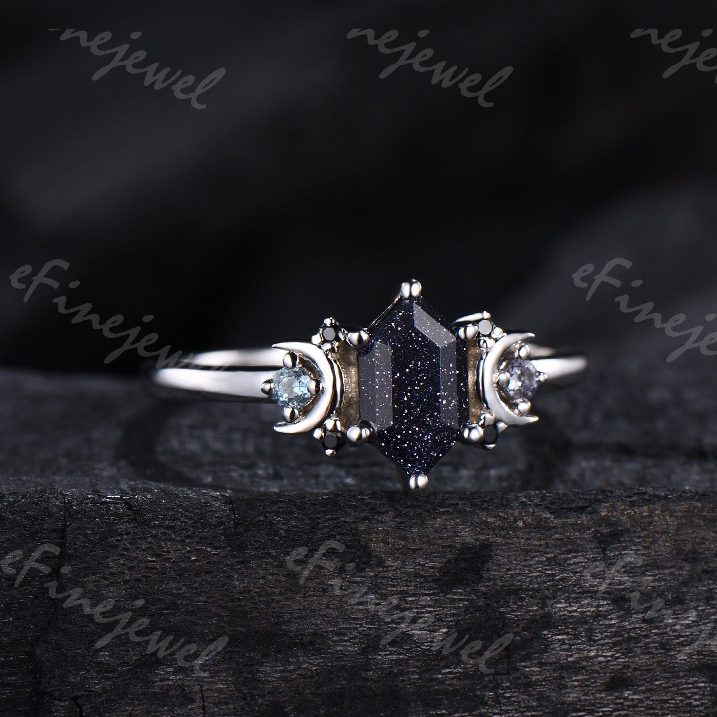 Hexagon Blue Sandstone Ring, Crescent Moon Goldstone, Black Spinel